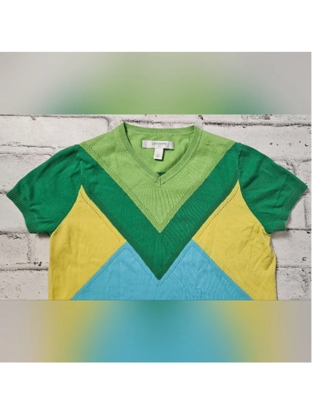 Liz Claiborne Golf Colorblock Knit Sweater Top Green Yellow Blue Size L